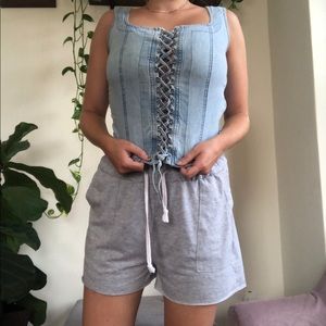 90s Vintage denim lace-up top with side zipper